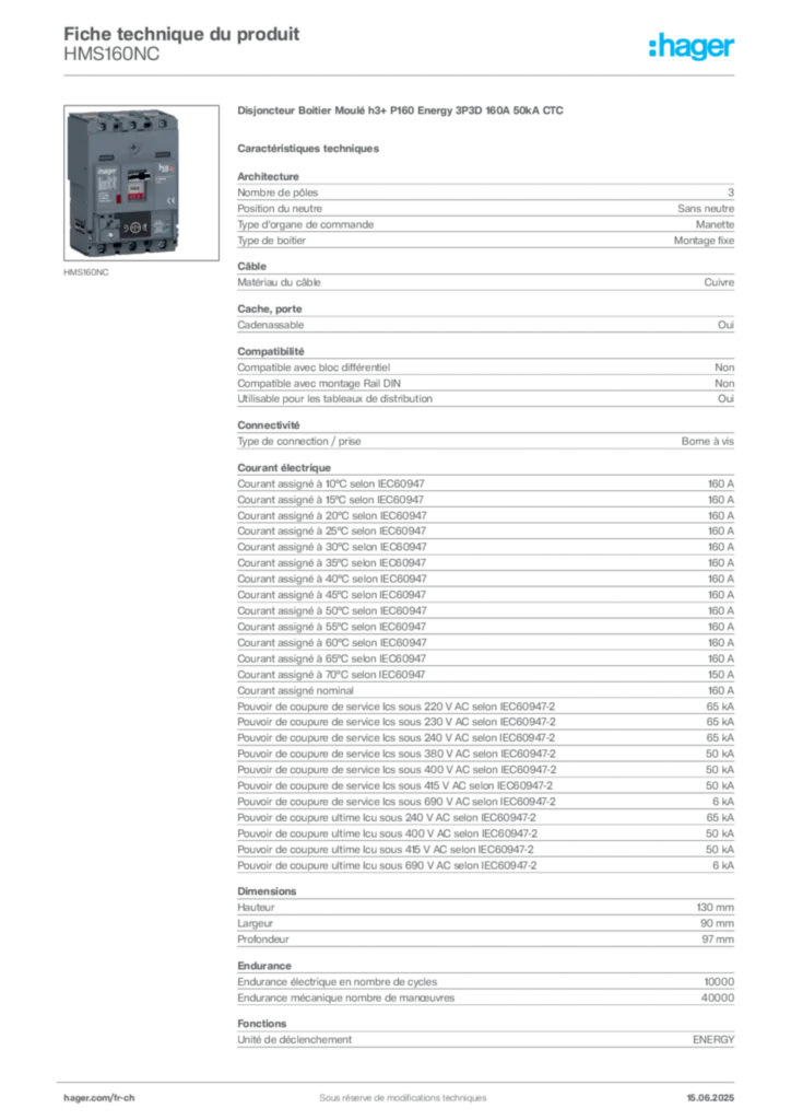 Image Hager Fiche technique du produit HMS160NC | Hager Suisse
