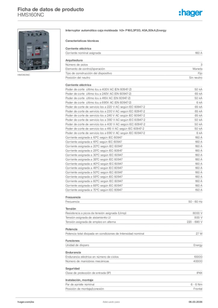 Imagen Hager Ficha de datos de producto HMS160NC | Hager España