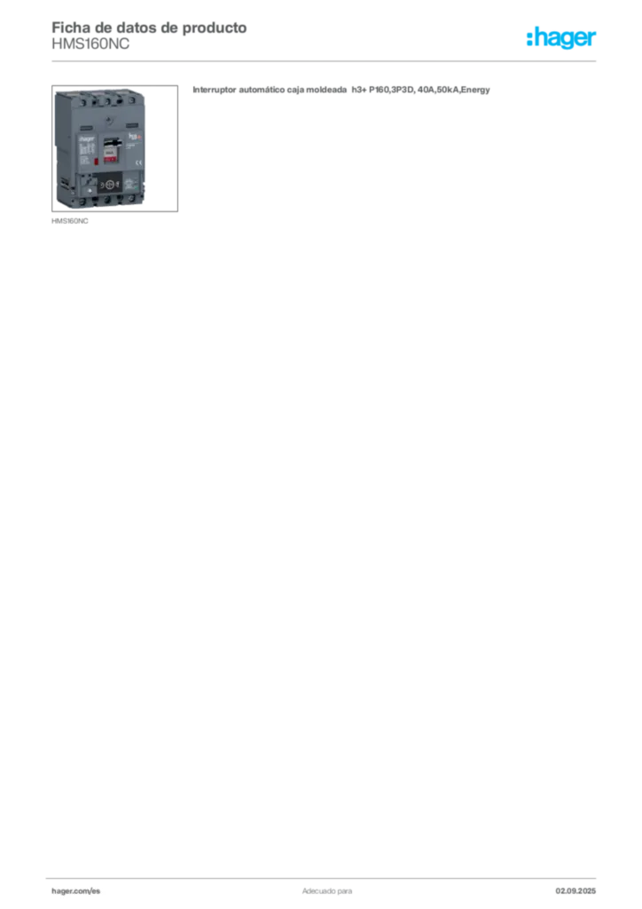 Imagen Hager Ficha de datos de producto HMS160NC | Hager España