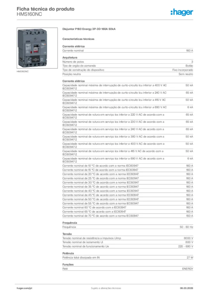 Imagem Hager Ficha técnica do produto HMS160NC | Hager Portugal