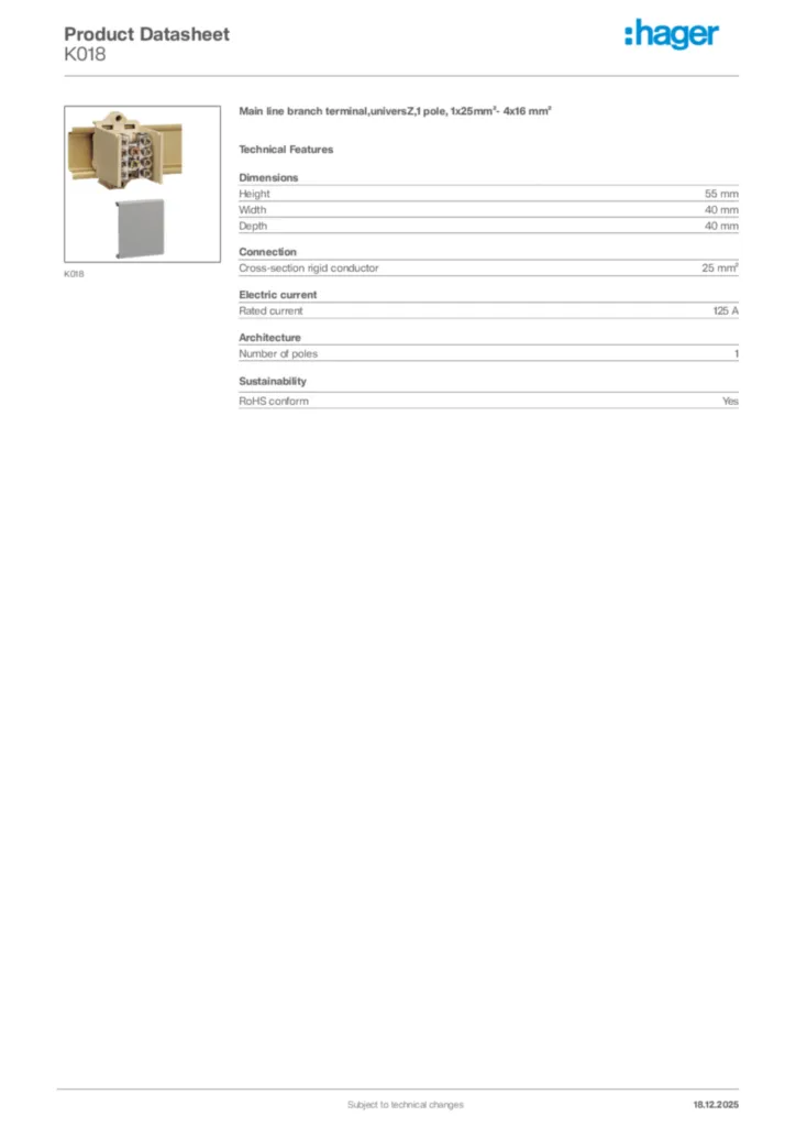 Image Hager Product data sheet K018  | Hager Africa