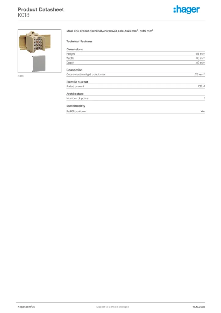 Image Hager Product data sheet K018  | Hager