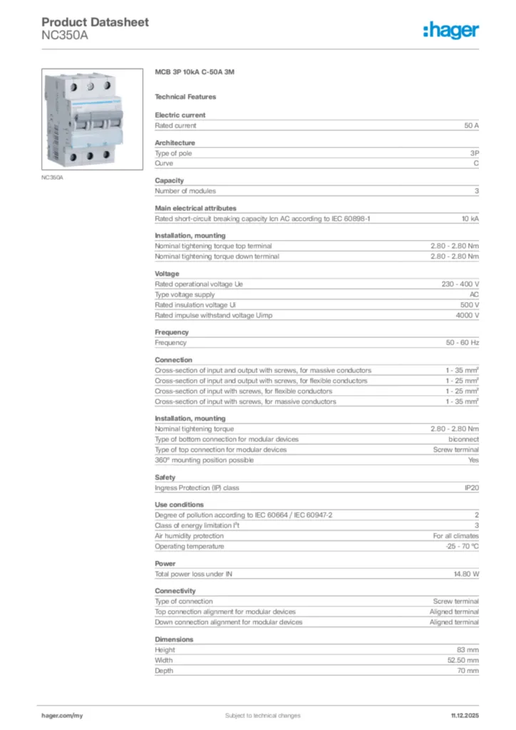 Image Hager Product data sheet NC350A  | Hager