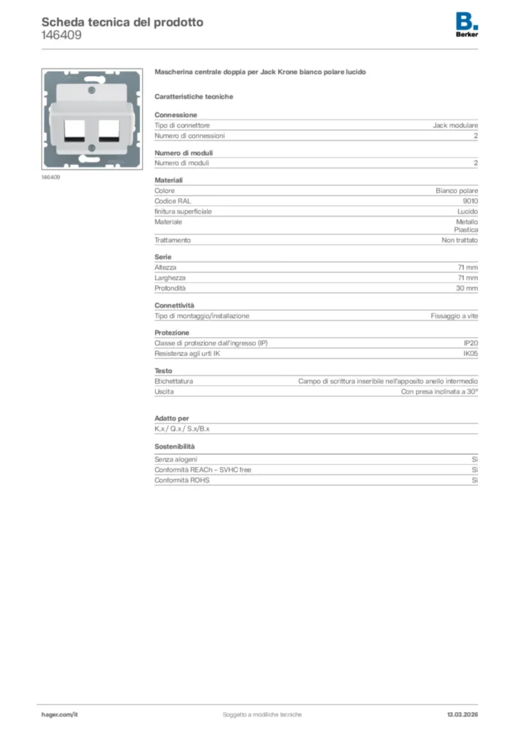 Immagine Berker Scheda tecnica del prodotto 146409 | Hager Italia