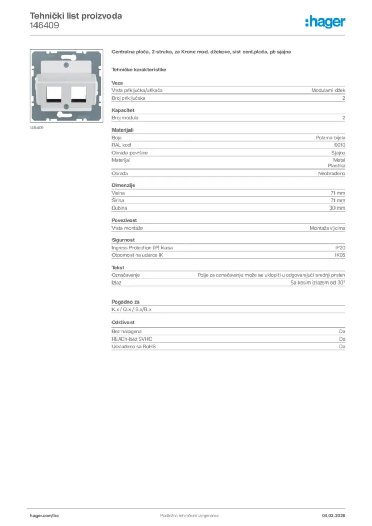 Slika Hager Tehnički list proizvoda 146409  | Hager