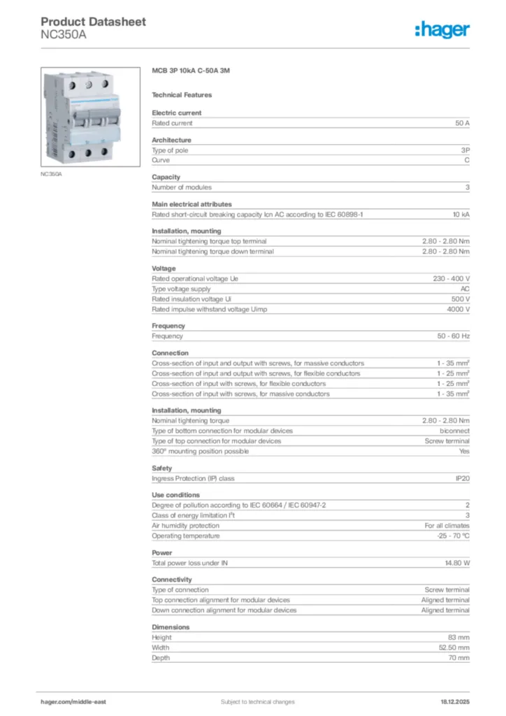 Image Hager Product data sheet NC350A  | Hager