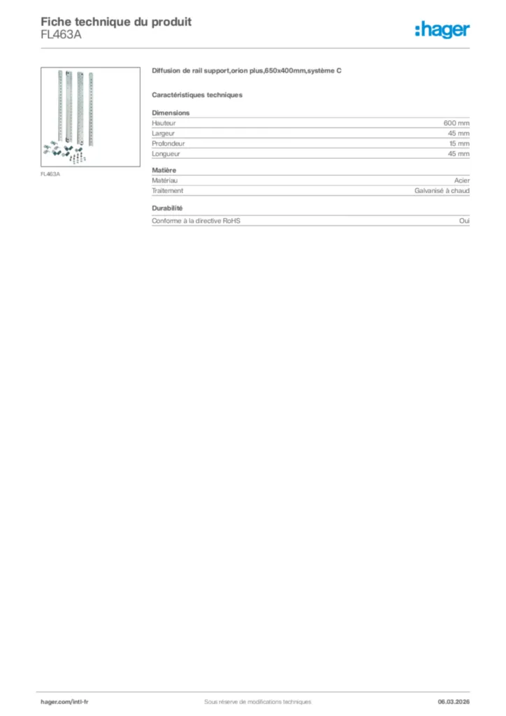 Image Hager Fiche technique du produit FL463A | Hager Afrique