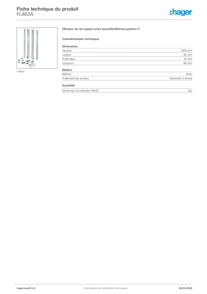 Image Hager Fiche technique du produit FL463A | Hager Suisse