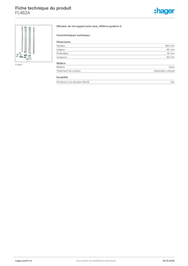Image Hager Fiche technique du produit FL462A | Hager Suisse