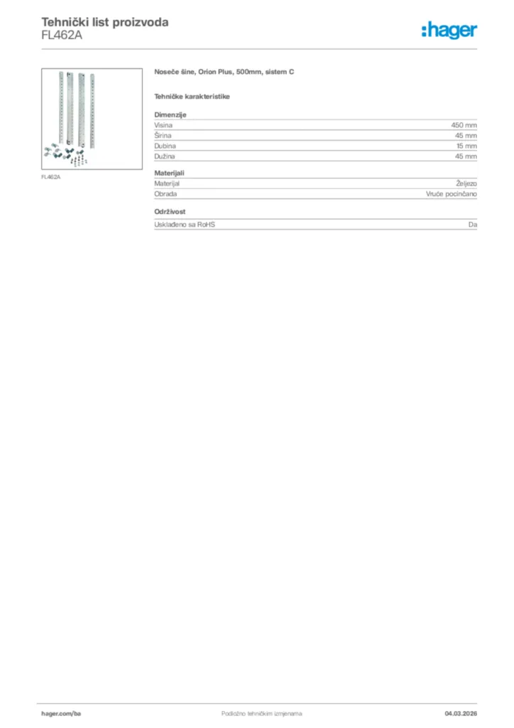 Slika Hager Tehnički list proizvoda FL462A  | Hager