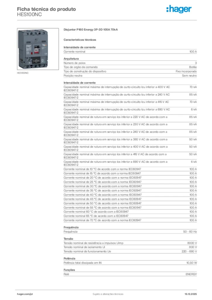 Imagem Hager Ficha técnica do produto HES100NC | Hager Portugal