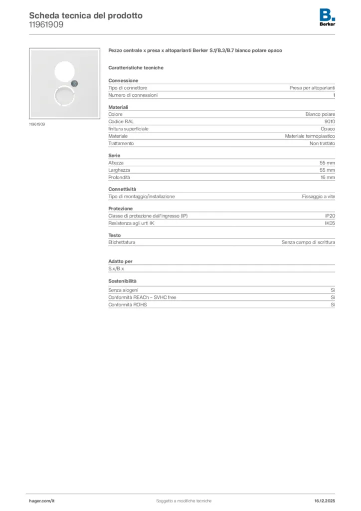 Immagine Berker Scheda tecnica del prodotto 11961909 | Hager Italia