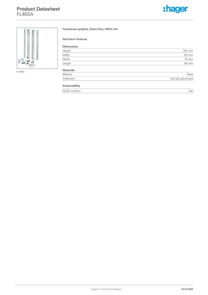 Image Hager Product data sheet FL465A  | Hager Africa