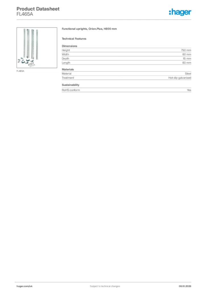 Image Hager Product data sheet FL465A  | Hager