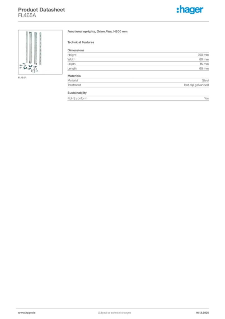 Image Hager Product data sheet FL465A  | Hager