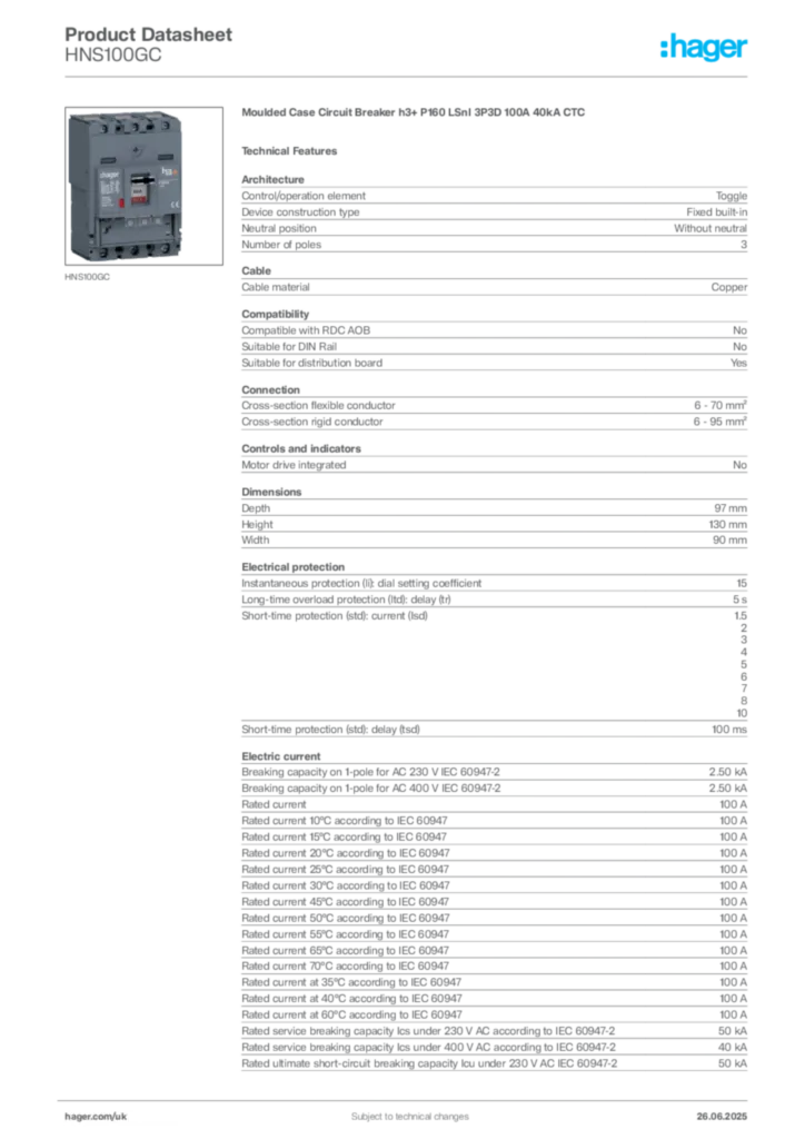 Image Hager Product data sheet HNS100GC  | Hager