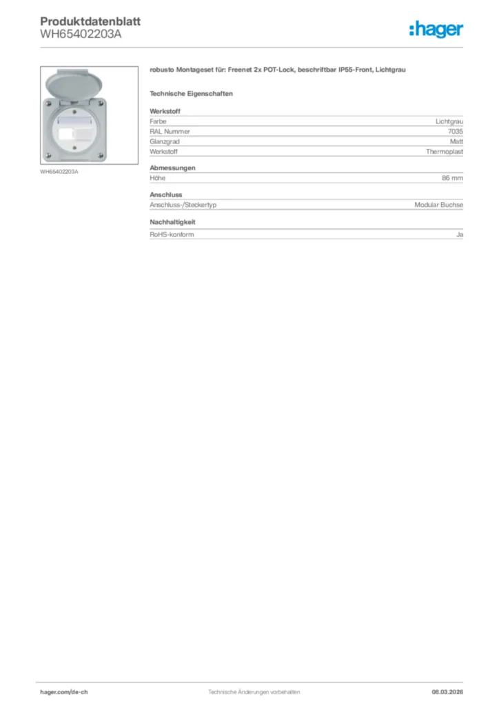 Bild Hager Produktdatenblatt WH65402203A | Hager Schweiz