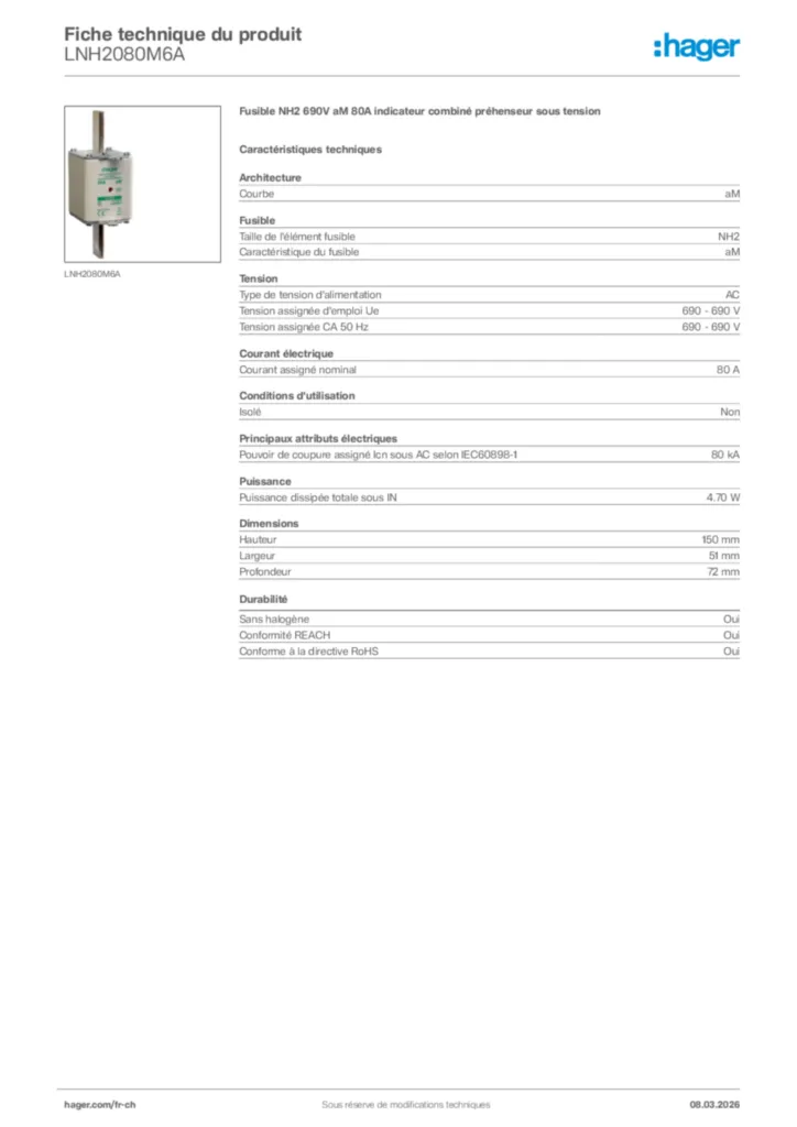 Image Hager Fiche technique du produit LNH2080M6A | Hager Suisse
