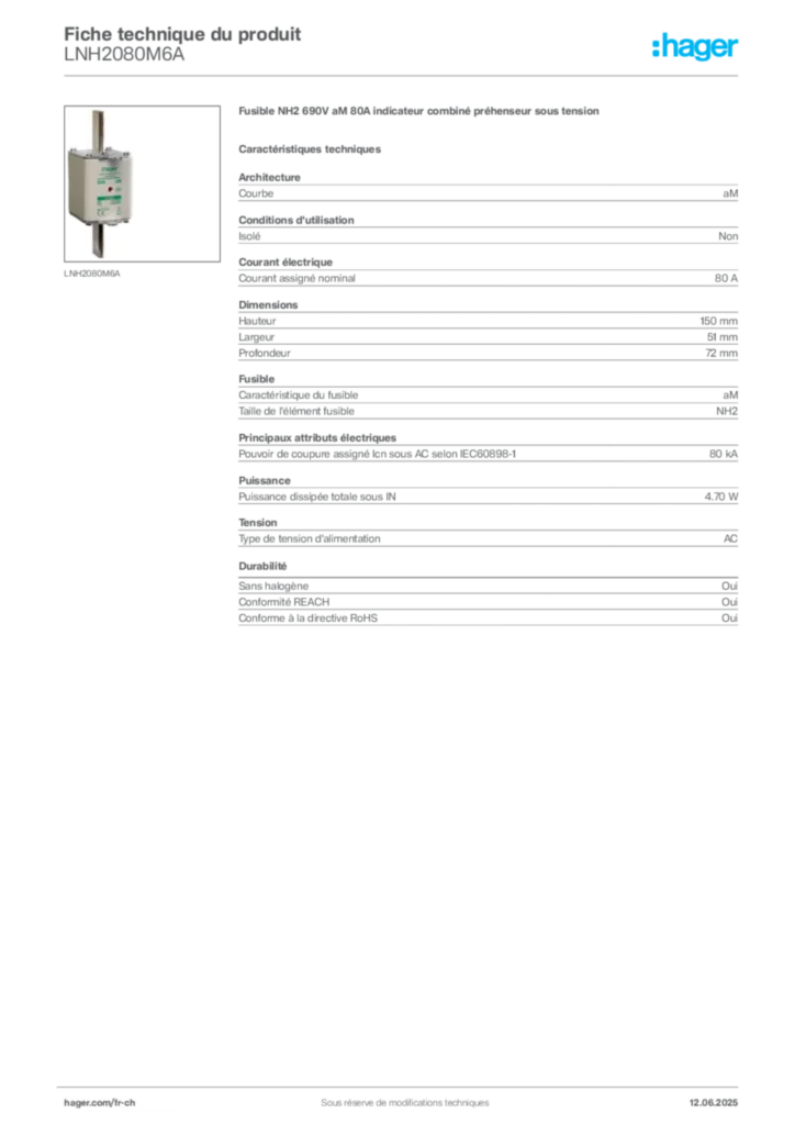 Image Hager Fiche technique du produit LNH2080M6A | Hager Suisse