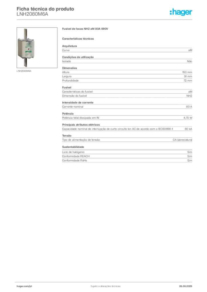 Imagem Hager Ficha técnica do produto LNH2080M6A | Hager Portugal
