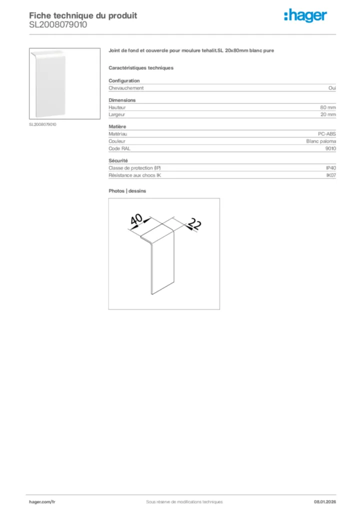 Image Hager Fiche technique du produit SL2008079010 | Hager France