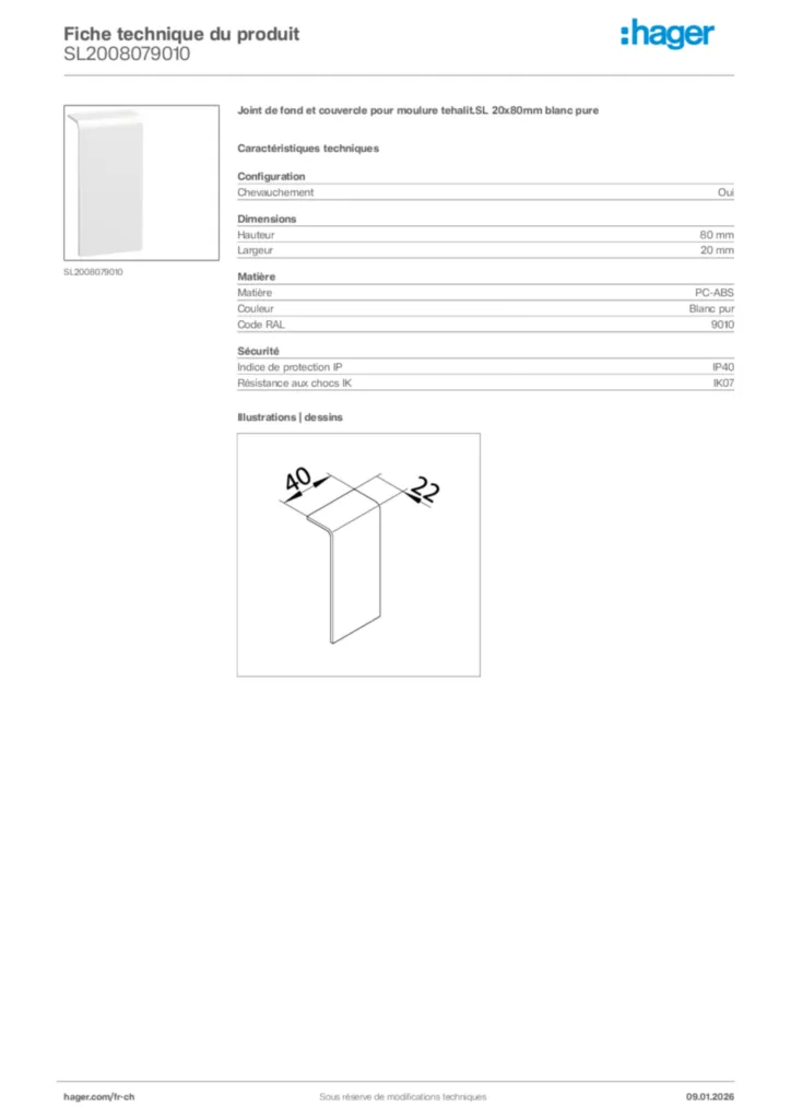 Image Hager Fiche technique du produit SL2008079010 | Hager Suisse