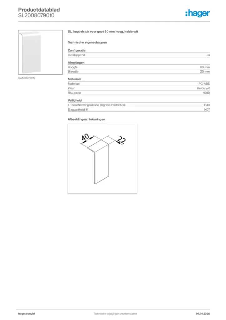 Afbeelding Hager Productdatablad SL2008079010 | Hager Nederland