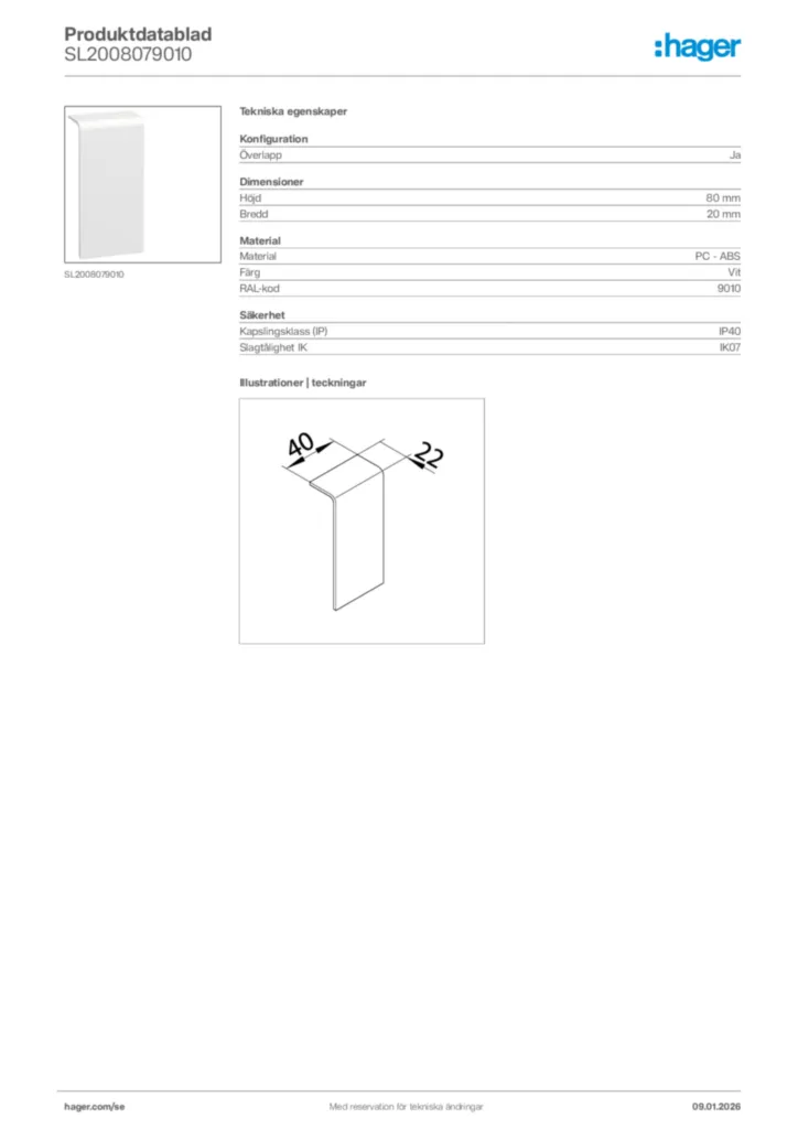 Bild Hager Produktdatablad SL2008079010 | Hager Sverige