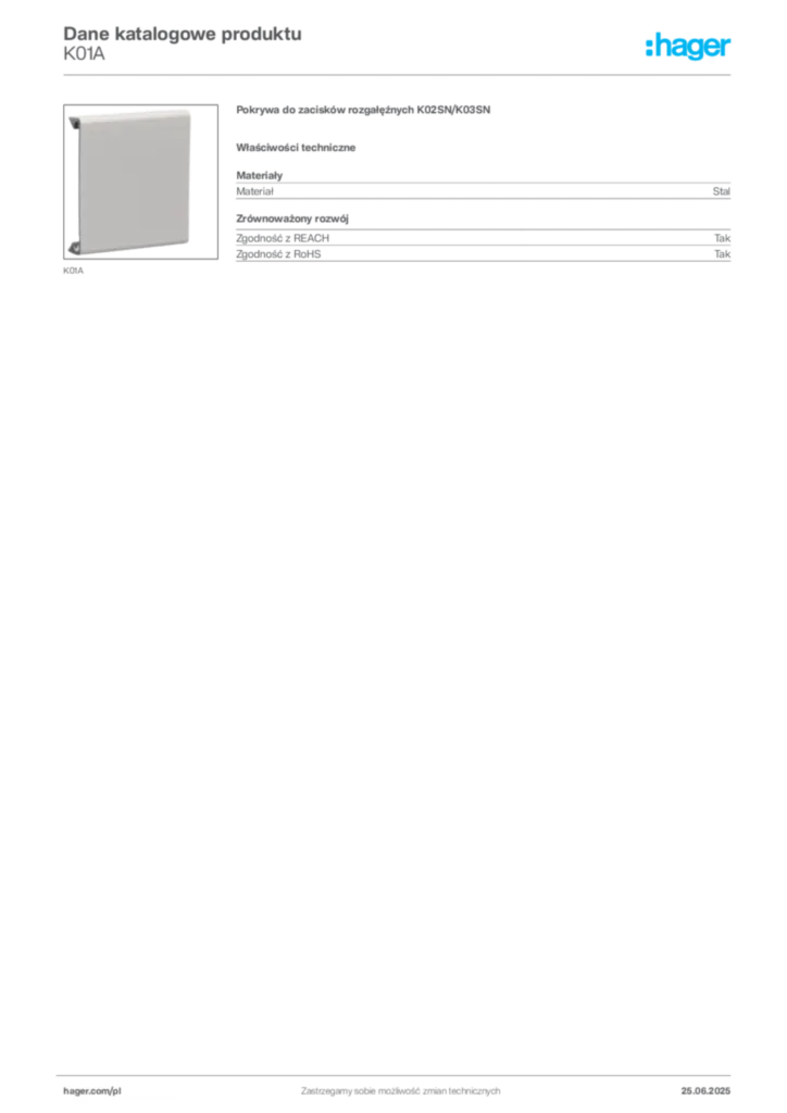 Zdjęcie Hager Karta katalogowa K01A | Hager Polska