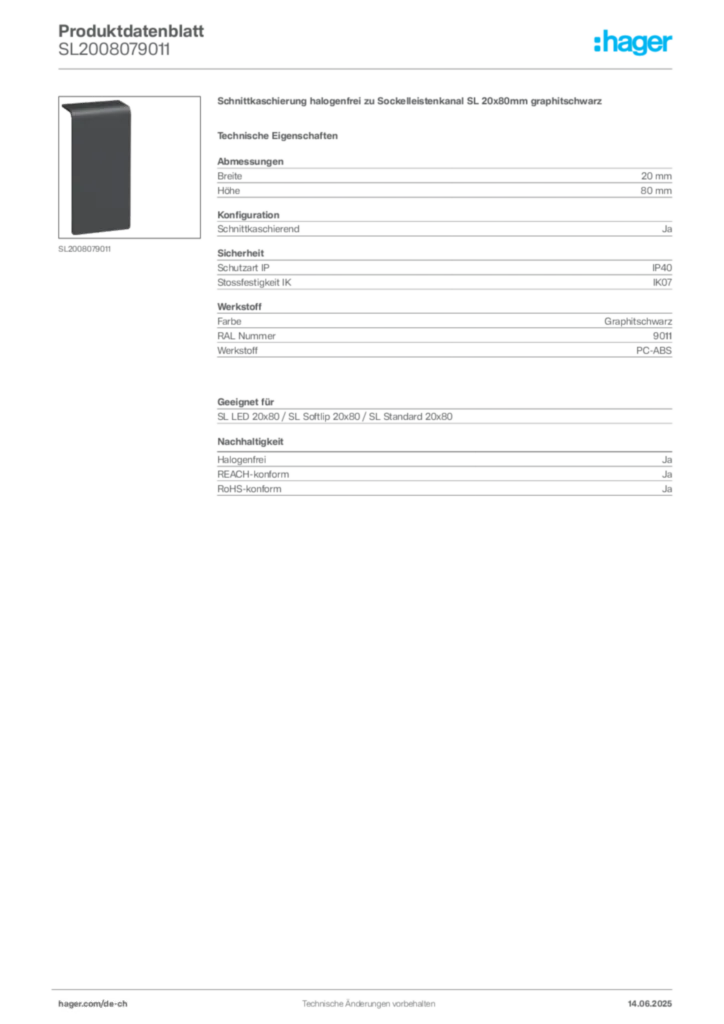 Bild Hager Produktdatenblatt SL2008079011 | Hager Schweiz