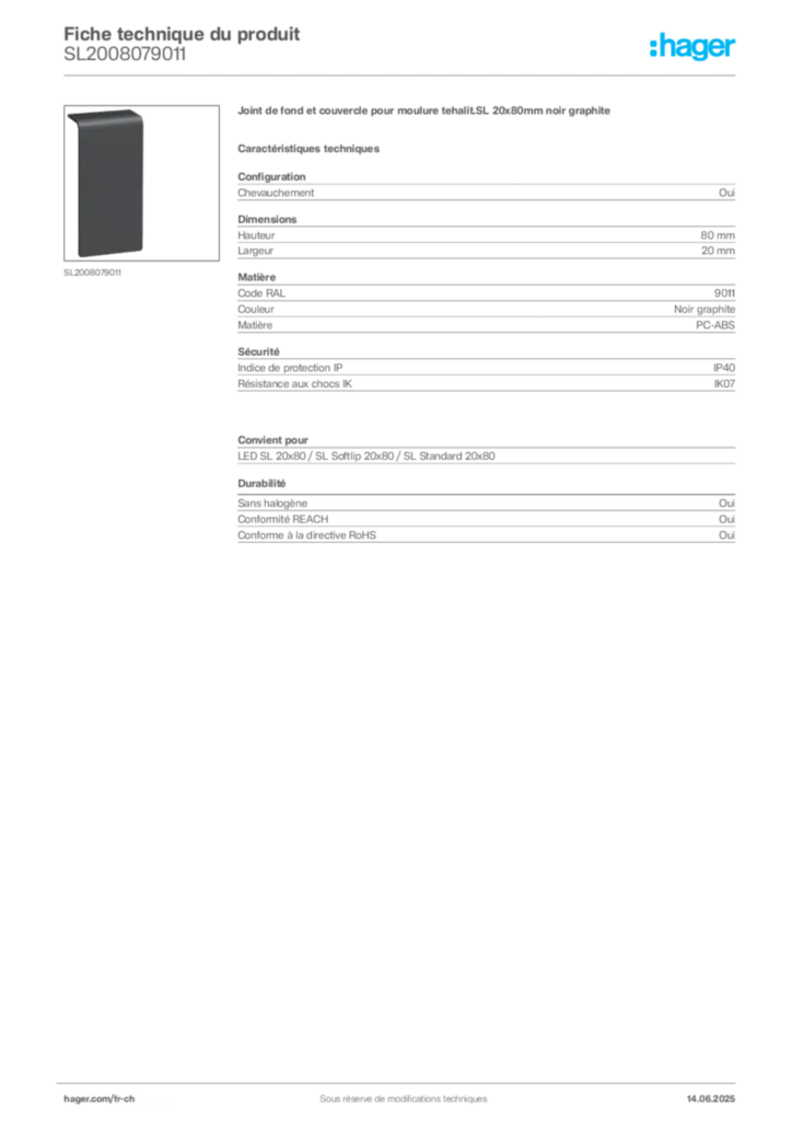 Image Hager Fiche technique du produit SL2008079011 | Hager Suisse
