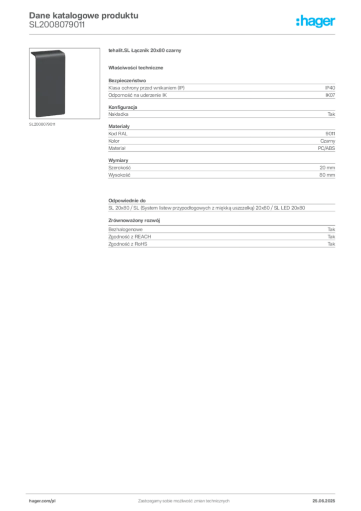 Zdjęcie Hager Karta katalogowa SL2008079011 | Hager Polska