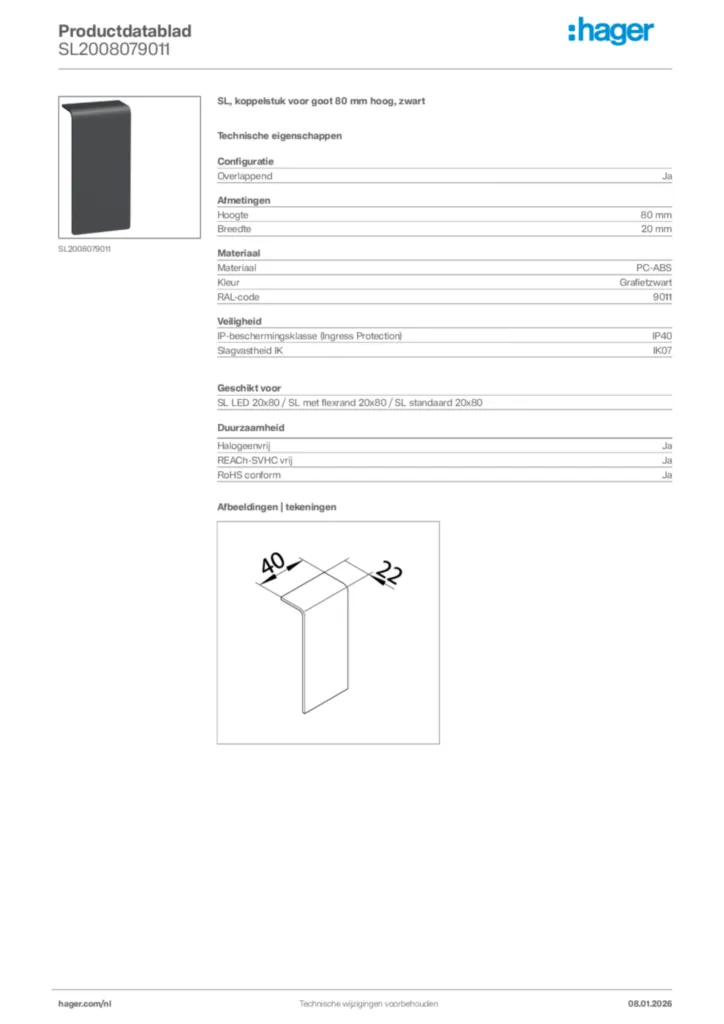 Afbeelding Hager Productdatablad SL2008079011 | Hager Nederland