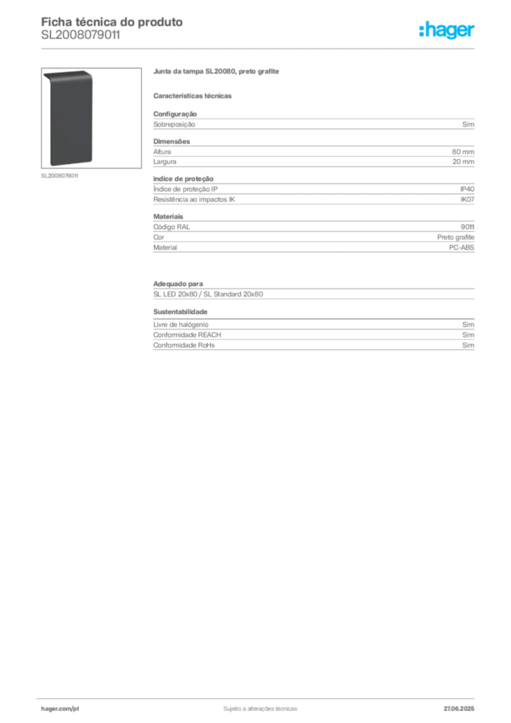 Imagem Hager Ficha técnica do produto SL2008079011 | Hager Portugal