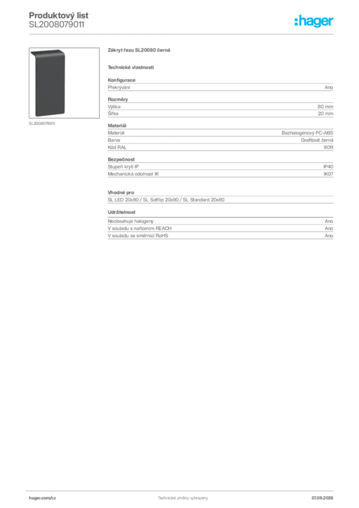 Obrázek Hager Produktový list SL2008079011 | Hager