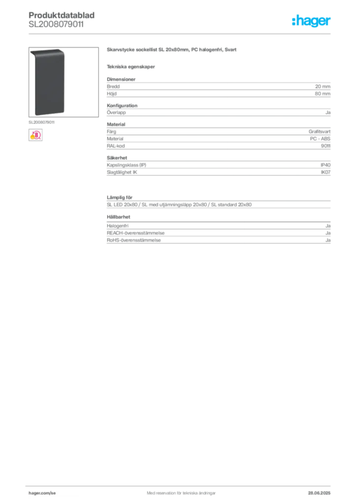 Bild Hager Produktdatablad SL2008079011 | Hager Sverige