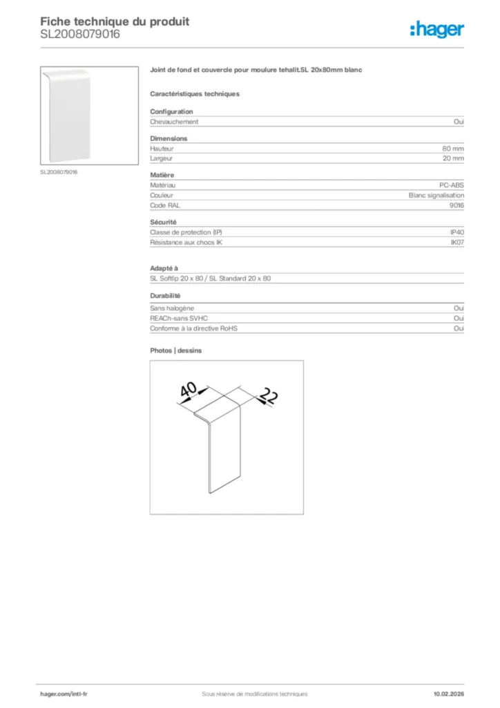 Image Hager Fiche technique du produit SL2008079016 | Hager Afrique