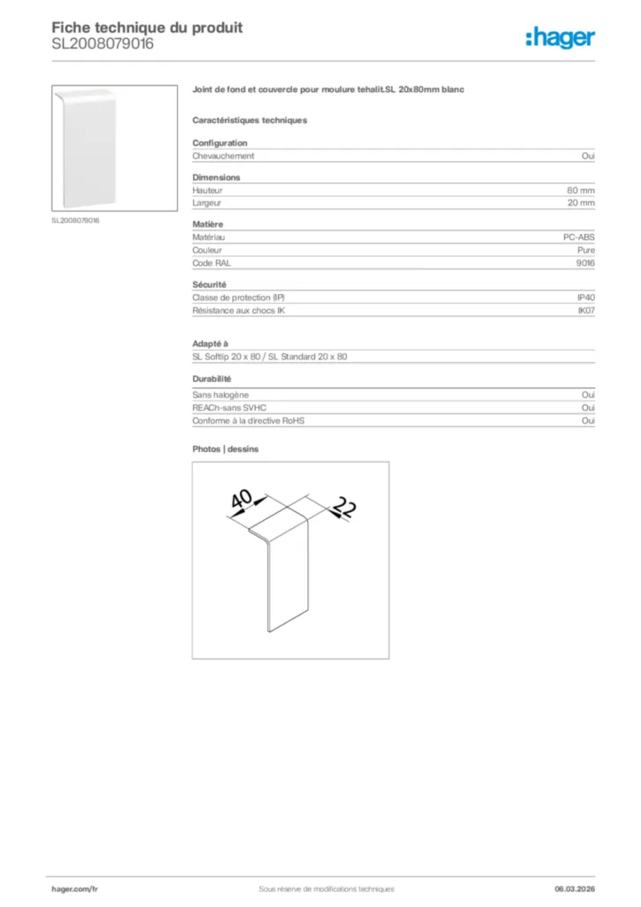 Image Hager Fiche technique du produit SL2008079016 | Hager France