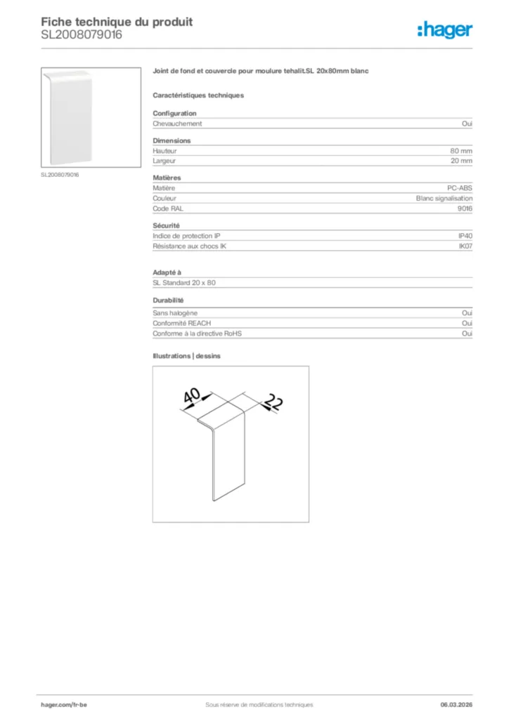 Image Hager Fiche technique du produit SL2008079016 | Hager Belgique