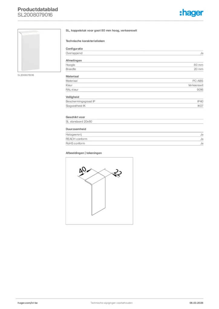 Afbeelding Hager Productdatablad SL2008079016 | Hager Belgium