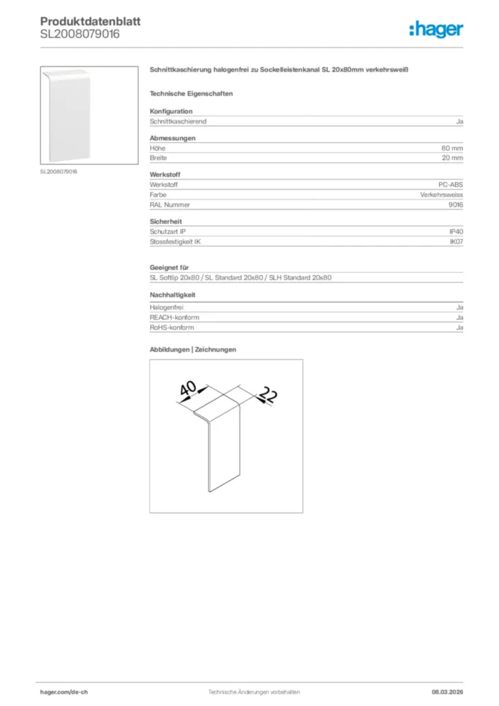 Bild Hager Produktdatenblatt SL2008079016 | Hager Schweiz