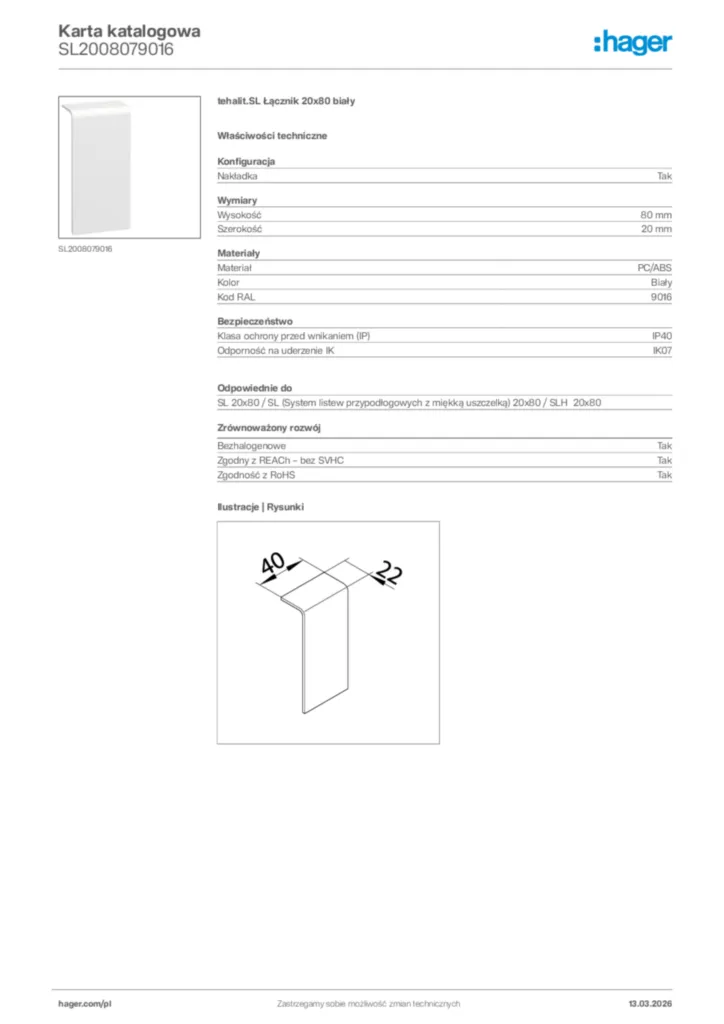 Zdjęcie Hager Karta katalogowa SL2008079016 | Hager Polska