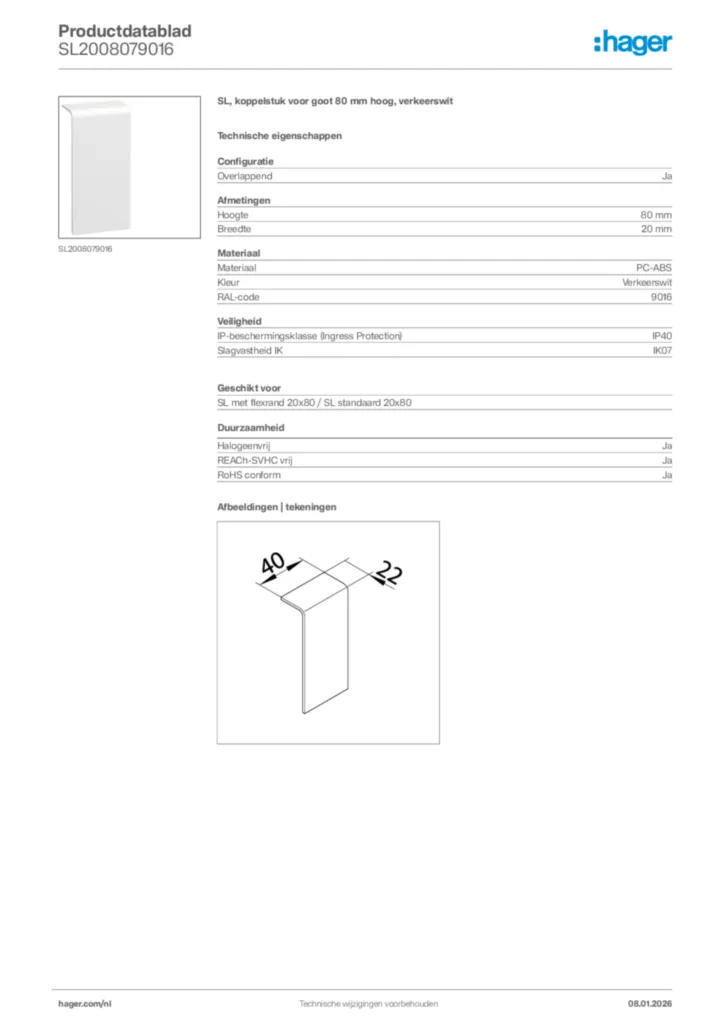 Afbeelding Hager Productdatablad SL2008079016 | Hager Nederland