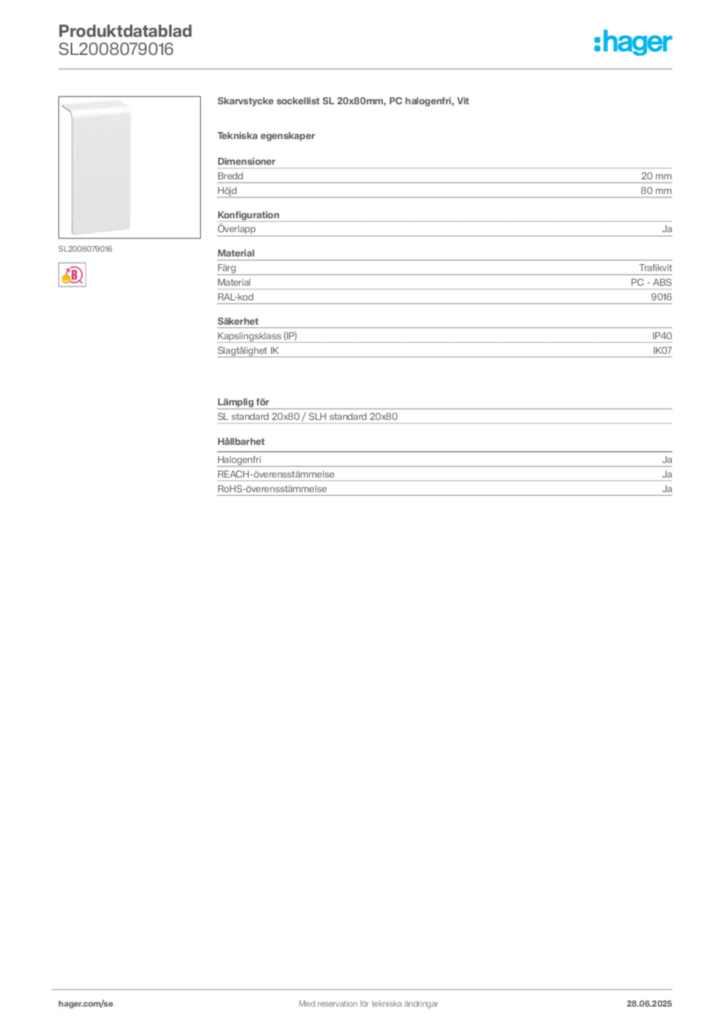 Bild Hager Produktdatablad SL2008079016 | Hager Sverige