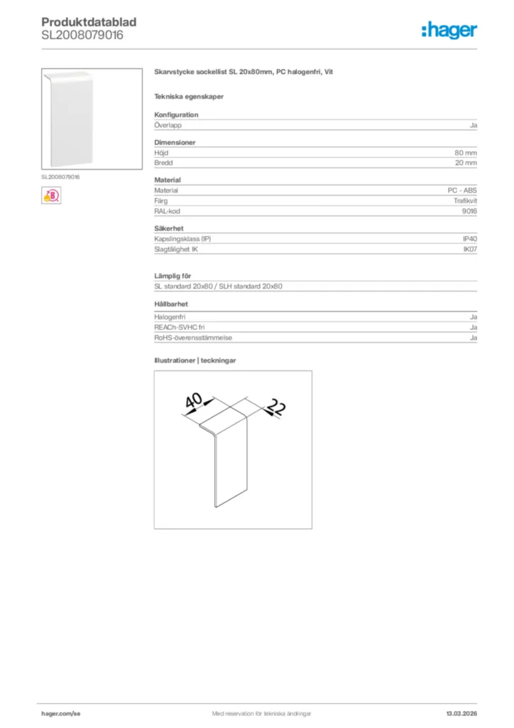 Bild Hager Produktdatablad SL2008079016 | Hager Sverige