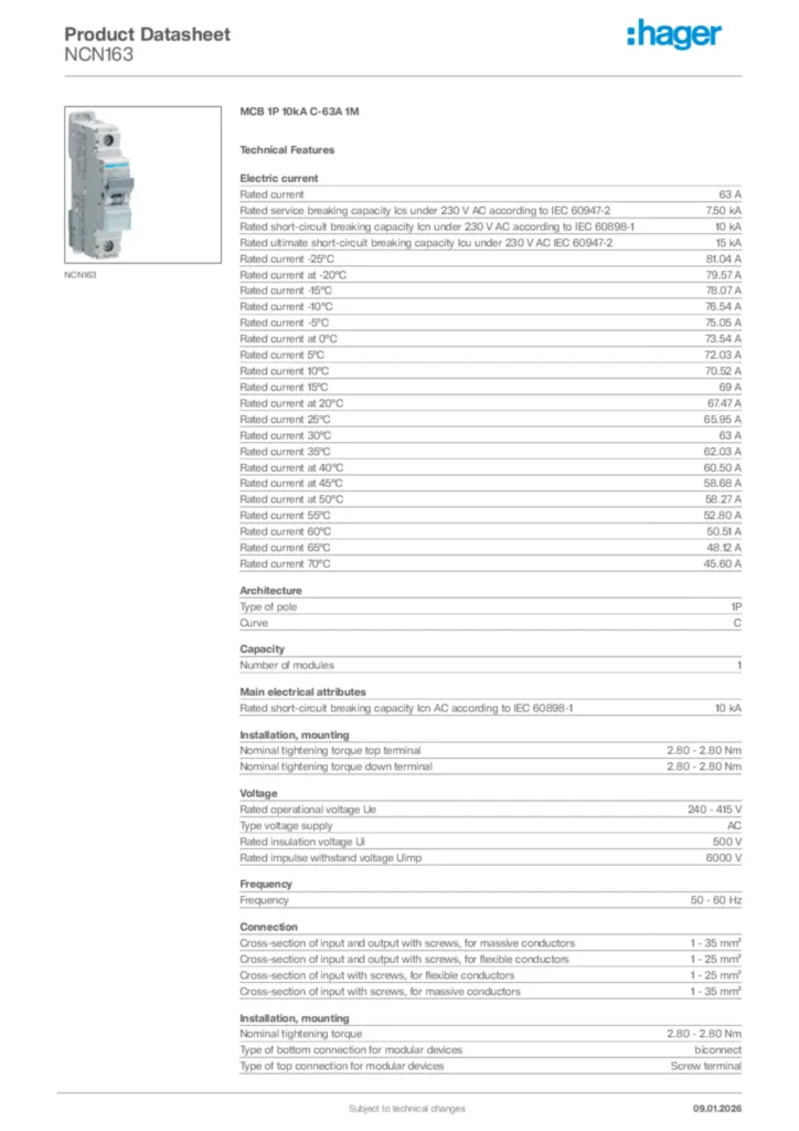 Image Hager Product data sheet NCN163  | Hager