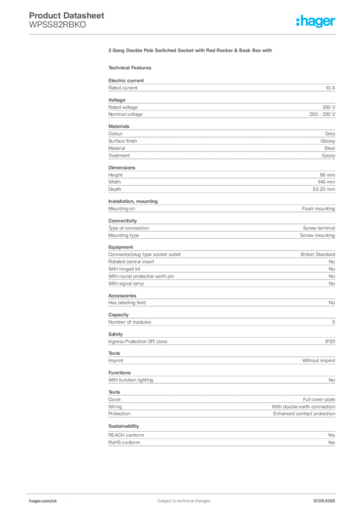 Image Hager Product data sheet WPSS82RBKO  | Hager