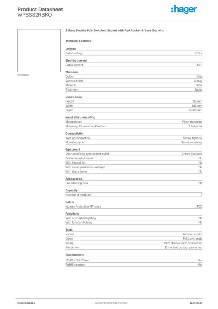 Image Hager Product data sheet WPSS82RBKO  | Hager