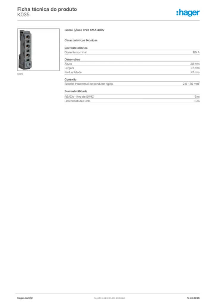 Imagem Hager Ficha técnica do produto K035 | Hager Portugal