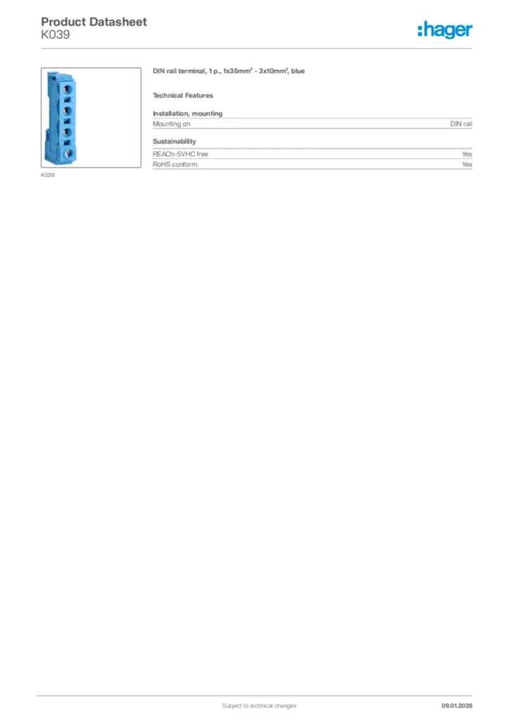 Image Hager Product data sheet K039  | Hager Africa